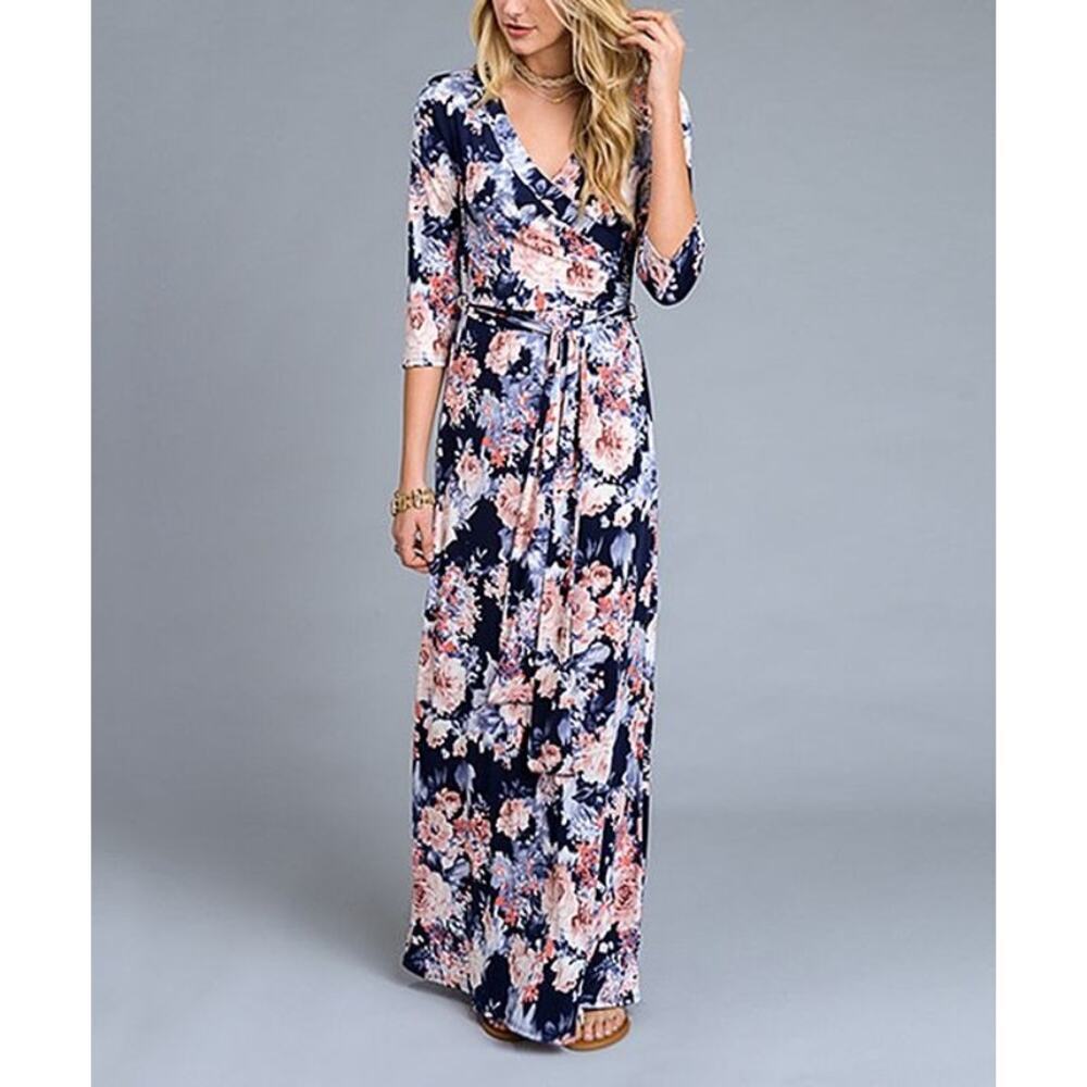 Pink Blush Women's Floral Print Belted Faux Wrap Maxi Dress Black Pink Size 3XL